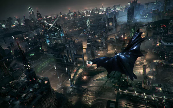 A stunning HD wallpaper from Batman: Arkham Knight, featuring Batman soaring over a vibrant, illuminated Gotham City at night, showcasing the game's impressive graphics and atmosphere.