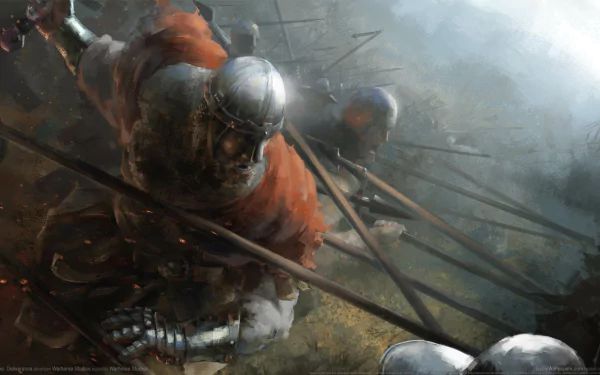 HD PC desktop wallpaper from the video game Kingdom Come: Deliverance, depicting medieval warriors engaged in intense battle with spears and armor amidst a smoky battlefield.