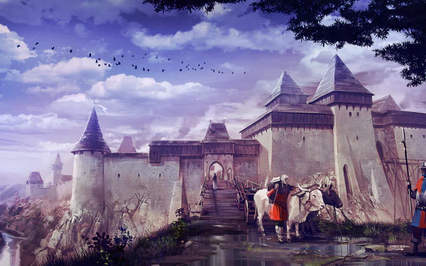 4K Ultra HD Kingdom Come: Deliverance PC wallpaper depicting a medieval castle with knights and horses under a cloudy sky.