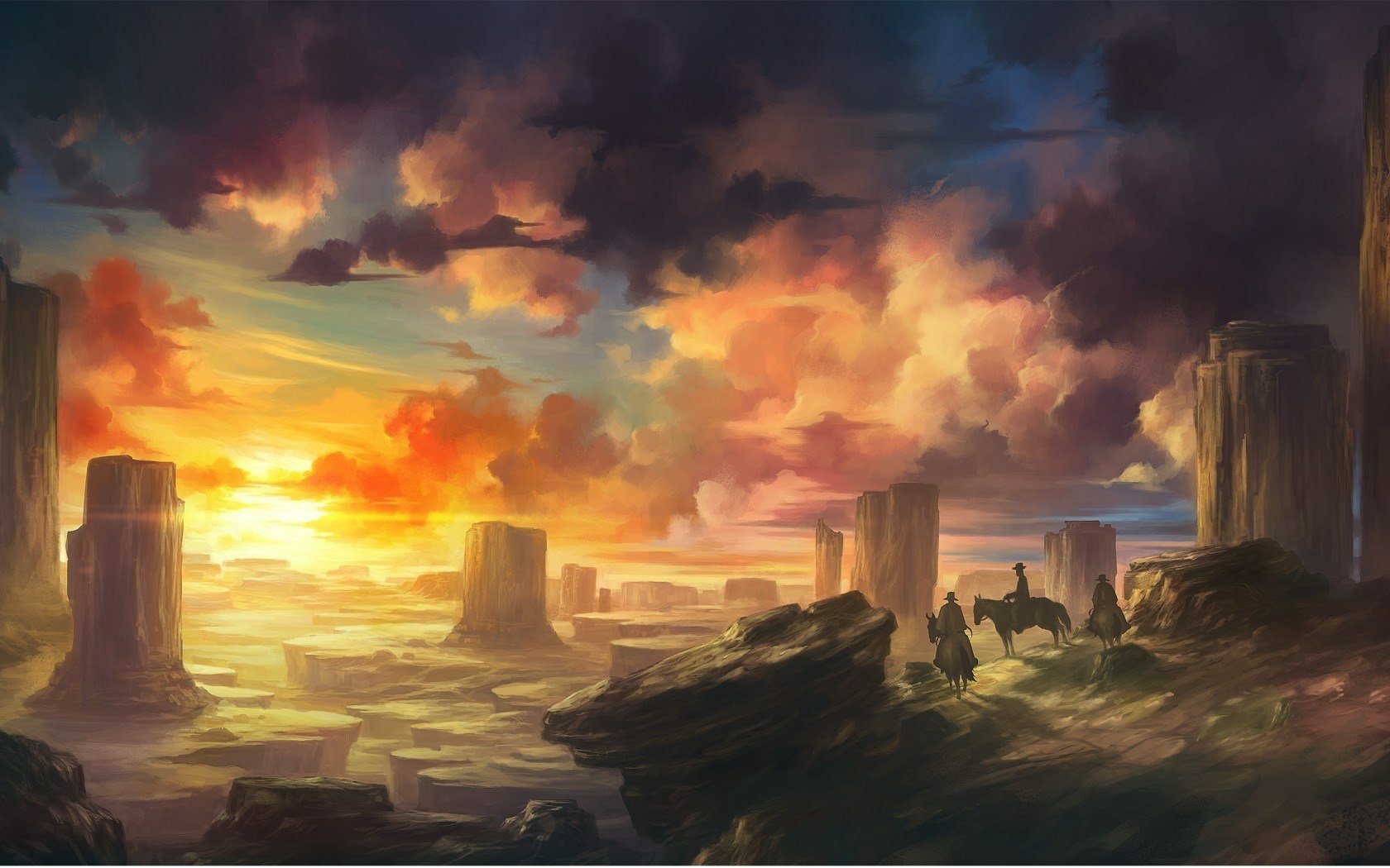 A vibrant fantasy landscape at sunset with towering rock formations and a rider on horseback, designed as an HD PC desktop wallpaper background.