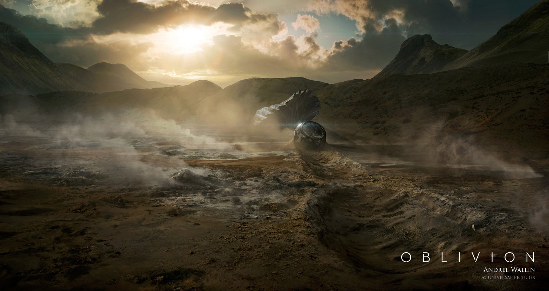 HD PC desktop wallpaper featuring a misty, post-apocalyptic landscape from the movie Oblivion (2013), with a lone figure standing amidst rugged terrain under a dramatic sky.