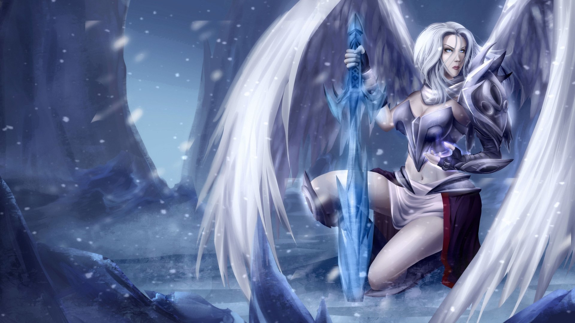 A 4K Ultra HD fantasy desktop wallpaper featuring a white-haired angel warrior with large wings, clad in armor, holding a glowing blue sword amid a snowy, mystical landscape.