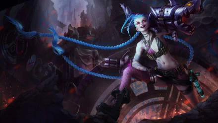 A vibrant HD desktop wallpaper featuring Jinx from League of Legends, showcasing her dynamic pose amidst a chaotic, industrial background filled with color and energy.