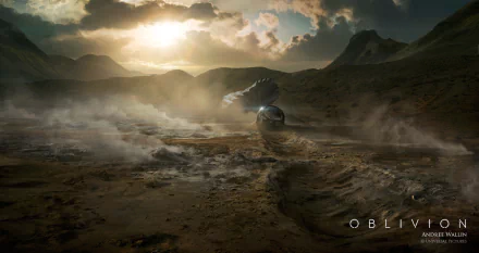 HD PC desktop wallpaper featuring a misty, post-apocalyptic landscape from the movie Oblivion (2013), with a lone figure standing amidst rugged terrain under a dramatic sky.