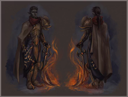 HD PC desktop wallpaper featuring two armored characters from the video game The Elder Scrolls III: Morrowind, standing amid glowing orange flames.