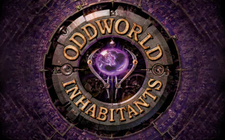 HD PC desktop wallpaper of the Oddworld video game logo: a circular brass emblem reading Oddworld Inhabitants surrounding a glowing purple orb.