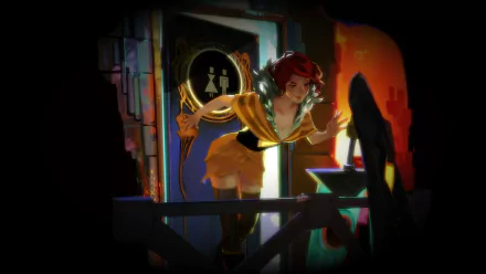 HD PC desktop wallpaper featuring Red from the video game Transistor in a dynamic, futuristic setting with vibrant lighting and detailed artwork.