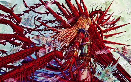 A detailed anime-inspired HD wallpaper featuring a character with flowing hair, surrounded by intricate red structures and ethereal wings, set against a dynamic background.