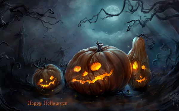 HD desktop wallpaper featuring a spooky Halloween scene with glowing jack-o'-lanterns, twisted trees, and a full moon. The words Happy Halloween are displayed in the lower left corner.