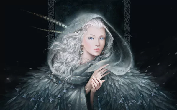 An HD fantasy wallpaper of a woman with white hair and blue eyes, wrapped in a winter-themed cloak. She stands in a mystical, wintry environment with intricate details enhancing the ethereal atmosphere.