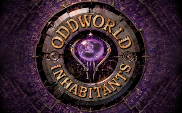 HD PC desktop wallpaper of the Oddworld video game logo: a circular brass emblem reading Oddworld Inhabitants surrounding a glowing purple orb.