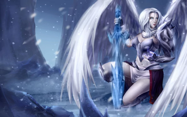A 4K Ultra HD fantasy desktop wallpaper featuring a white-haired angel warrior with large wings, clad in armor, holding a glowing blue sword amid a snowy, mystical landscape.