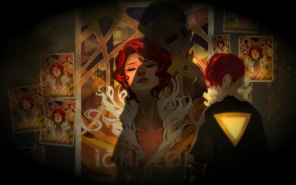 HD PC desktop wallpaper featuring stylized characters from the video game Transistor, showcasing vibrant colors and dynamic lighting effects.