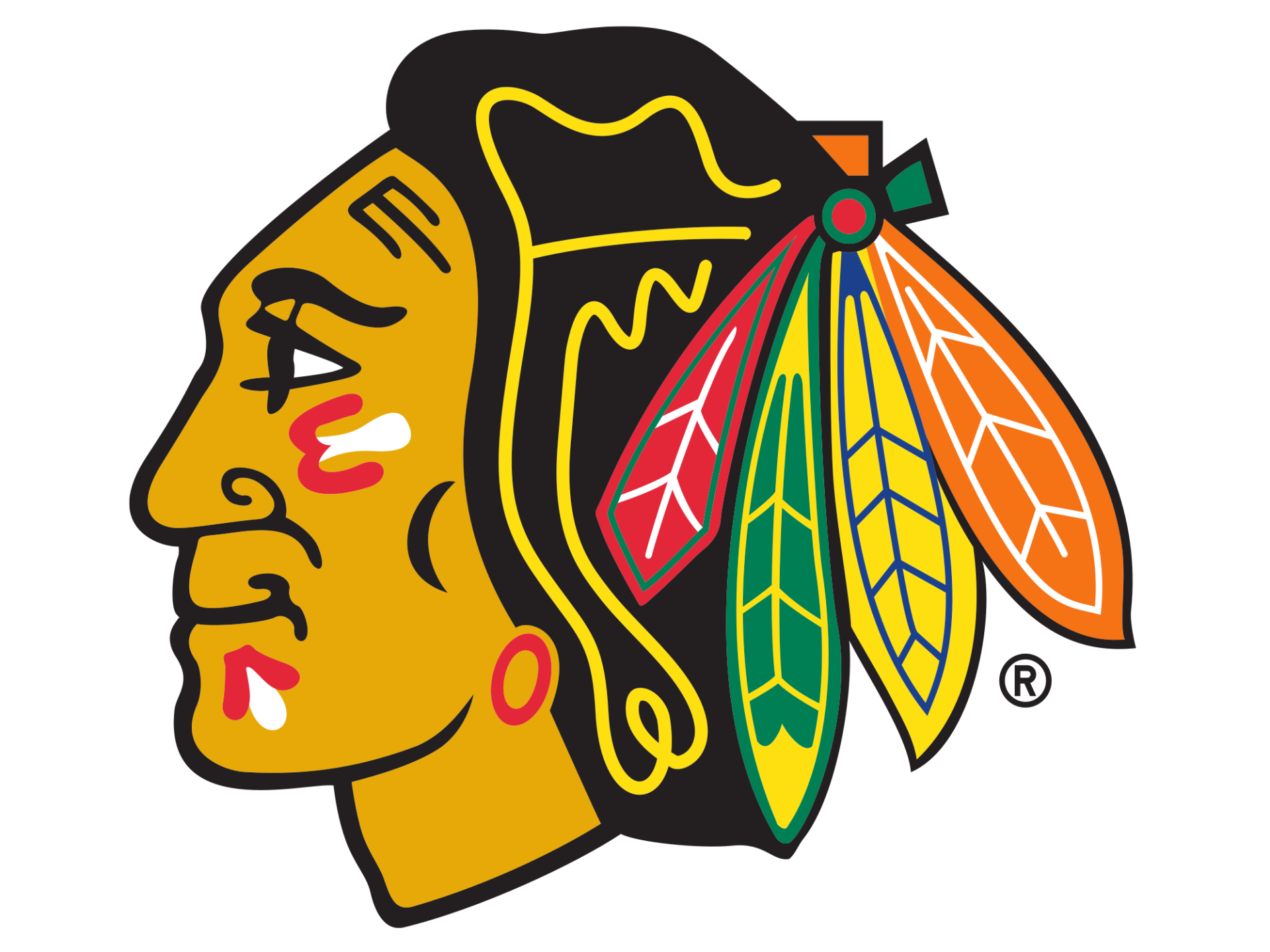 HD desktop wallpaper of the Chicago Blackhawks logo, featuring a Native American head with colorful feather headdress.