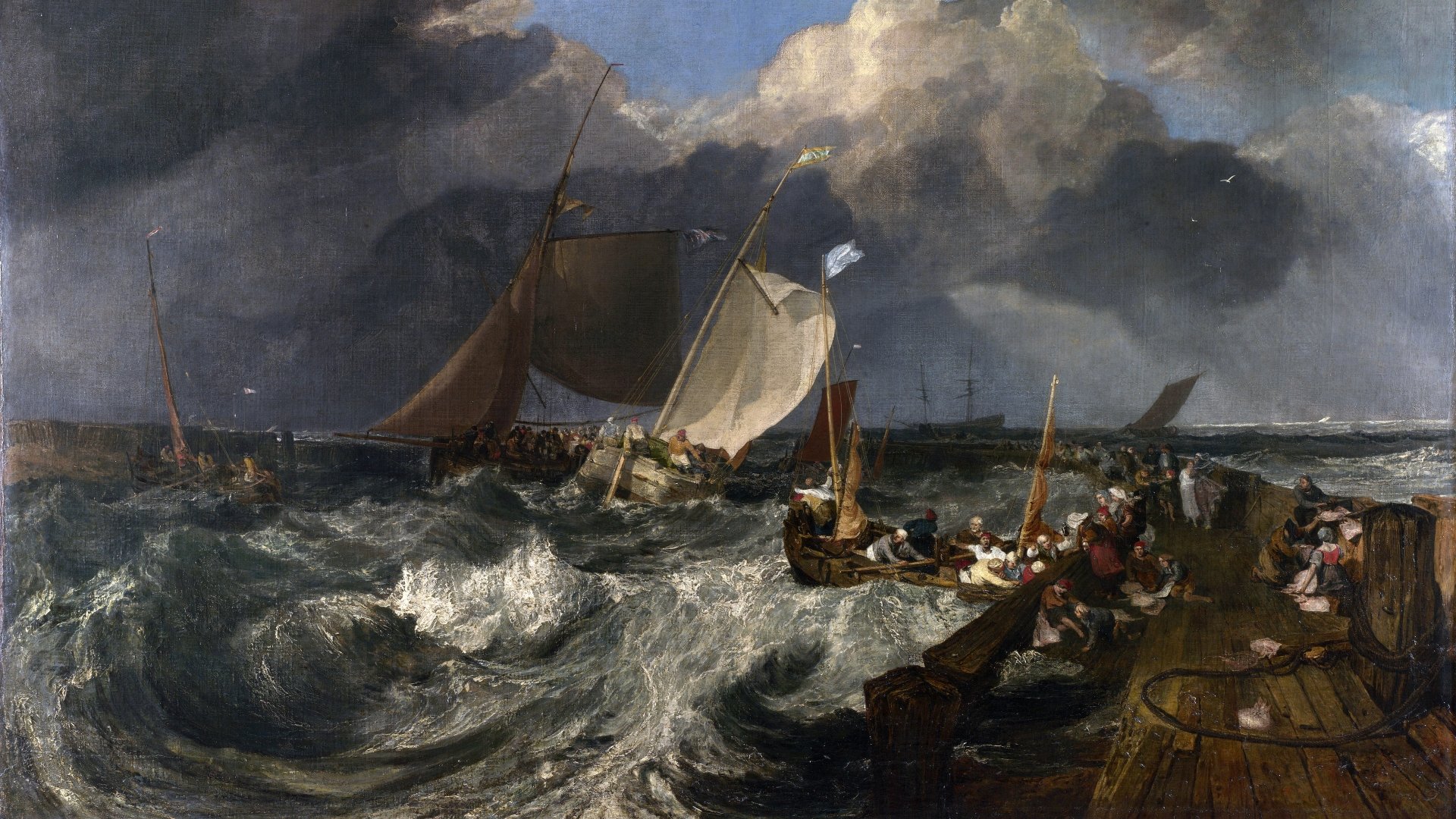 Artistic painting of turbulent sea with sailing ships battling stormy skies, presented as a vivid 4K Ultra HD PC desktop wallpaper and background.