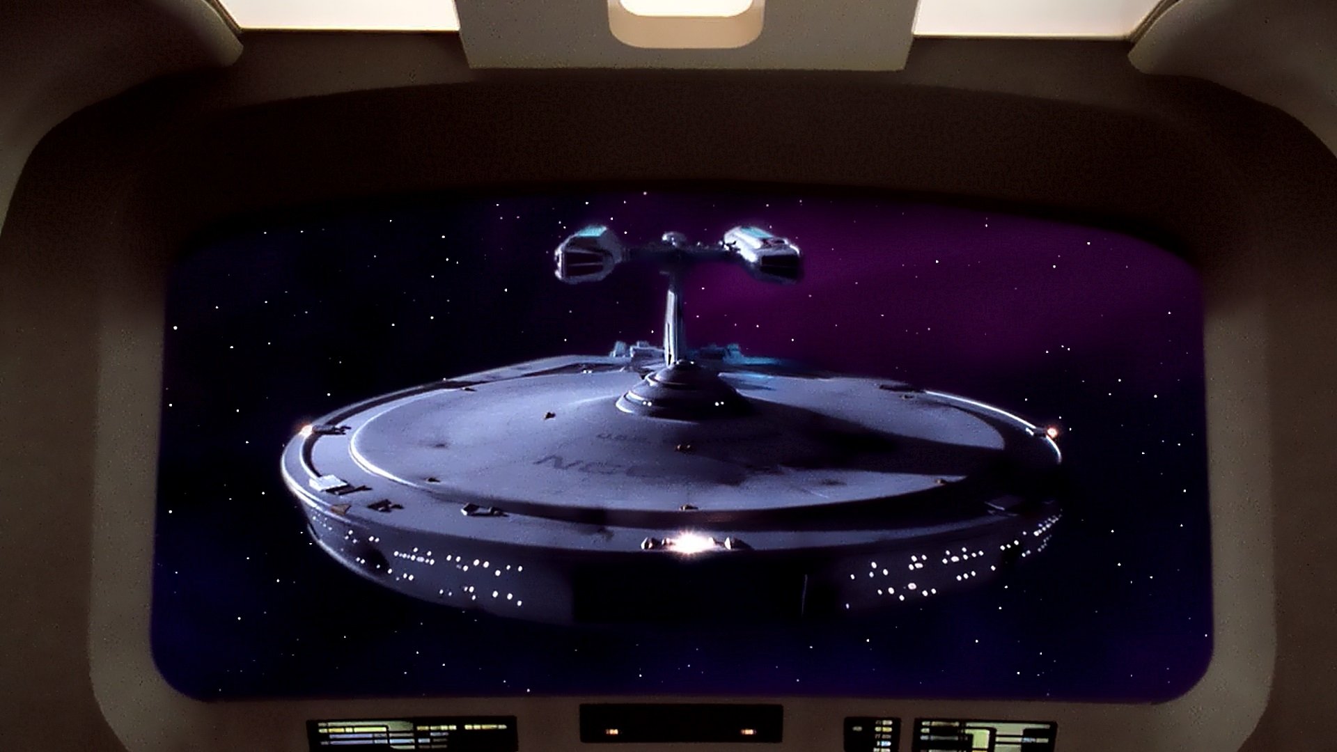 HD PC desktop wallpaper: USS Stargazer (NCC-2893) from the TV show Star Trek: The Next Generation, viewed through a ship viewport against a purple starfield.