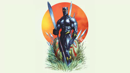 HD PC desktop wallpaper featuring Marvel Comics' Black Panther standing with weapons against an orange sun backdrop surrounded by grass.