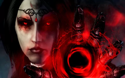 A dark vampire woman with glowing red eyes and a menacing expression conjures a swirling black and red energy in this captivating HD desktop wallpaper.