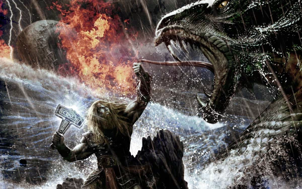 A powerful image featuring a warrior wielding a hammer against a fierce dragon, embodying the intensity of heavy metal and melodic death metal, inspired by Amon Amarth.