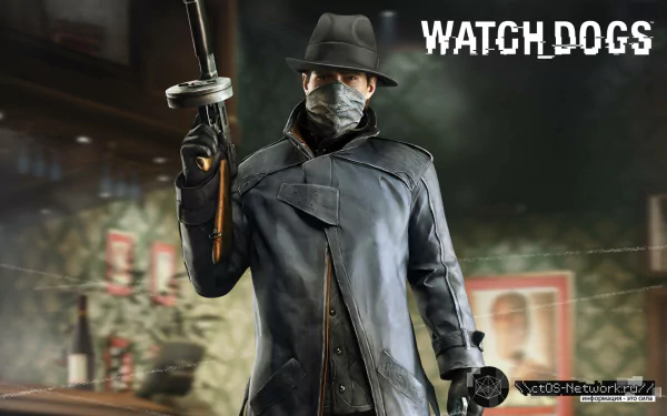 Aiden Pearce from the video game Watch Dogs stands confidently, holding a weapon, set against a stylish urban backdrop. This HD desktop wallpaper captures his iconic look.