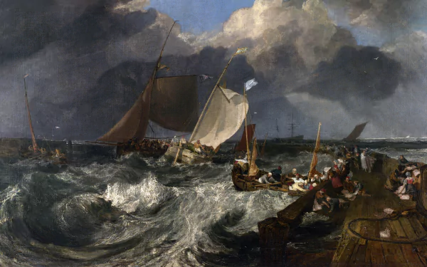 Artistic painting of turbulent sea with sailing ships battling stormy skies, presented as a vivid 4K Ultra HD PC desktop wallpaper and background.