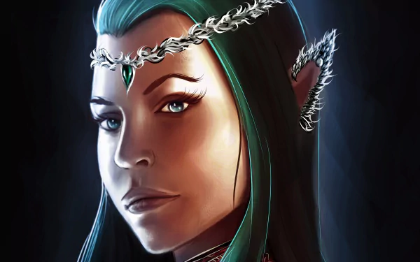 Fantasy elf with teal hair and silver jewelry, rendered in stunning detail for a 4K Ultra HD PC desktop wallpaper.