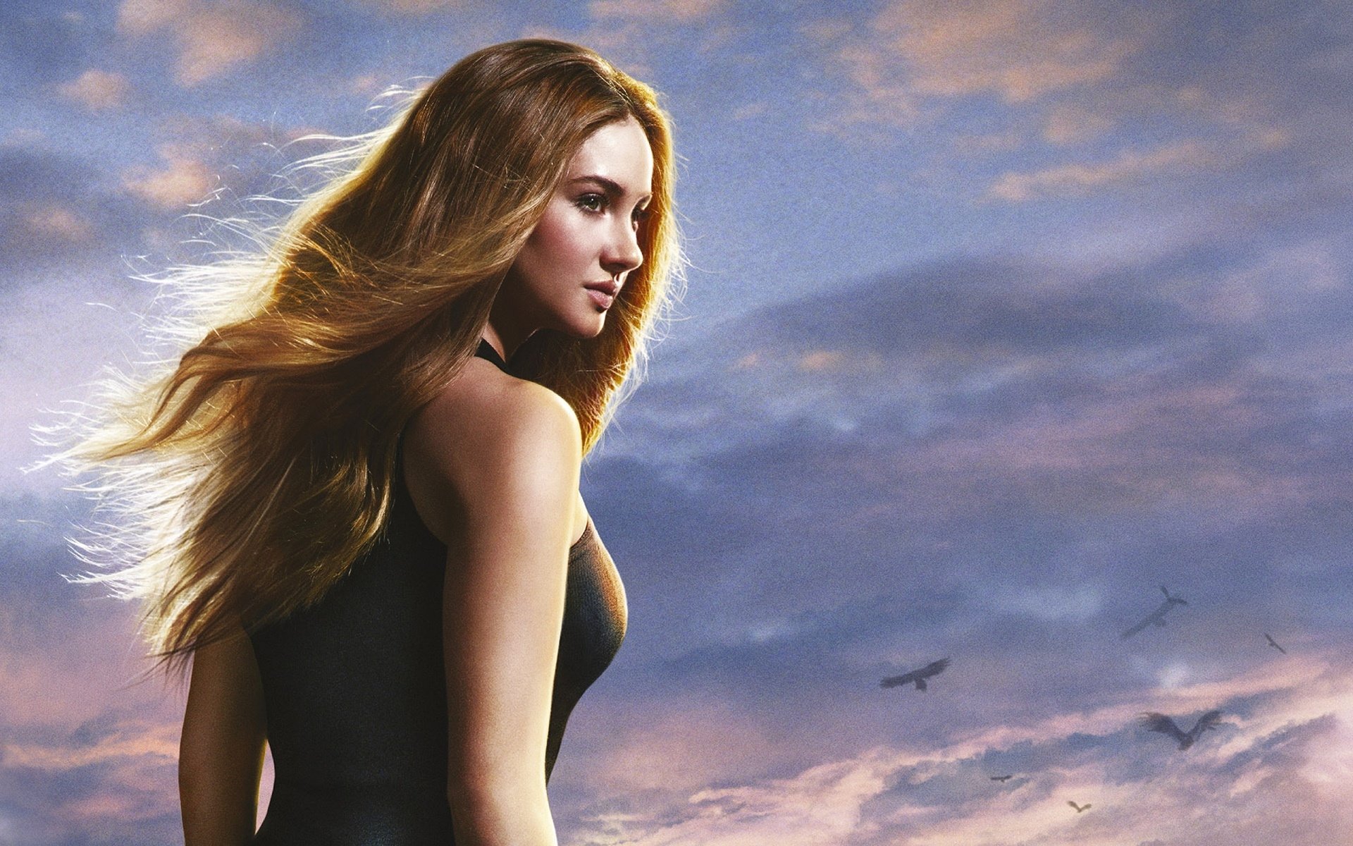 A striking HD desktop wallpaper featuring Shailene Woodley, highlighted against a dramatic sky with flowing hair, embodying strength and beauty.