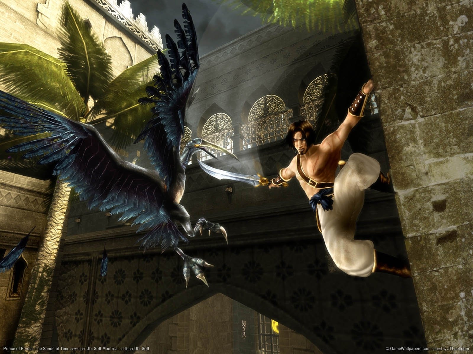 HD PC desktop wallpaper from the video game Prince of Persia: The Sands of Time showing the Prince in mid-air battle with a large bird inside a palace.