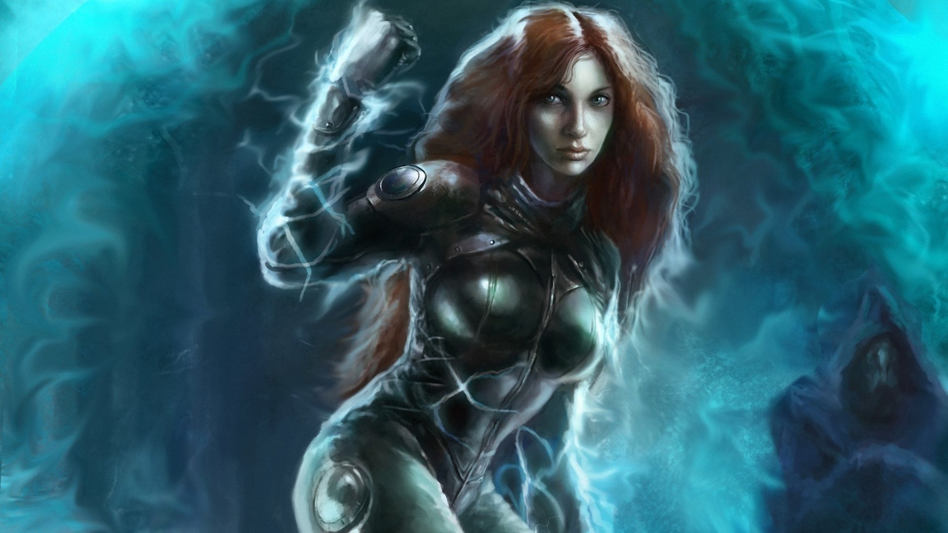 A fierce fantasy warrior with striking red hair stands confidently, surrounded by dynamic electric energy, ready for battle in this HD desktop wallpaper.