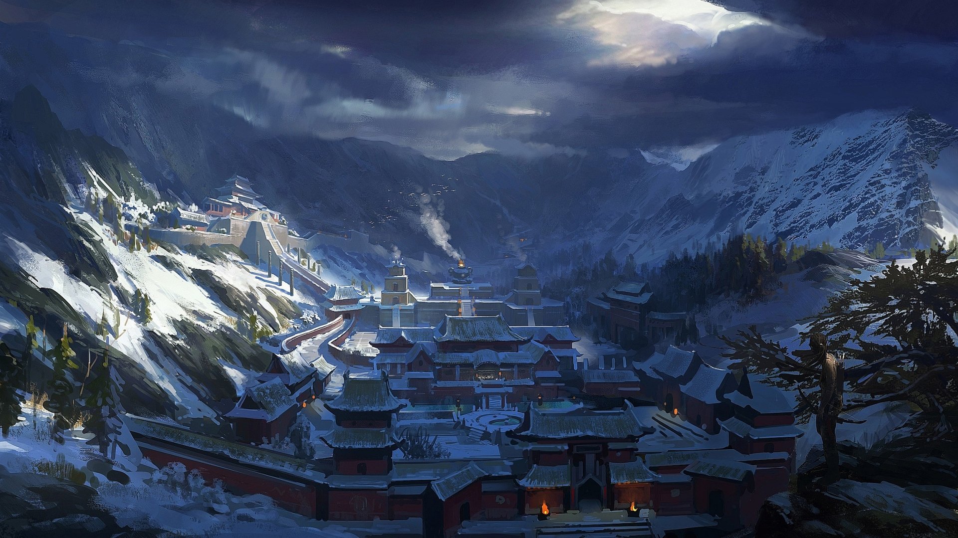 A fantasy city nestled in snowy mountains under a dramatic sky, captured in stunning detail as an HD PC desktop wallpaper and background.