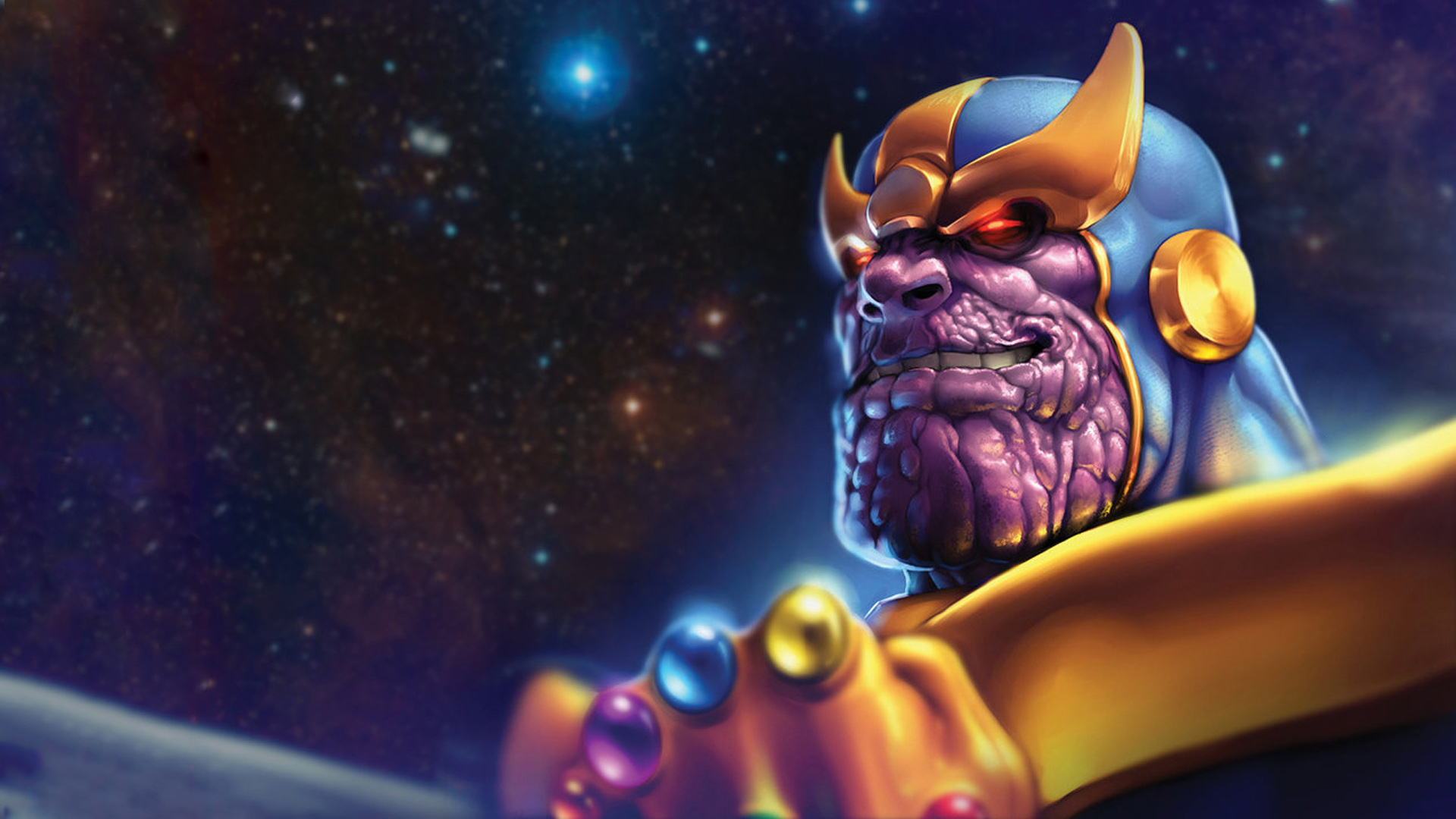 HD desktop wallpaper featuring Thanos from Earth 616, showcasing the iconic character with a cosmic background and his characteristic gauntlet.