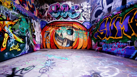 HD PC desktop wallpaper featuring an artistic graffiti-filled urban tunnel with vibrant colors and bold street art designs covering every surface.