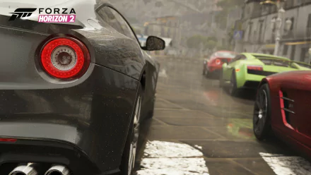 HD PC desktop wallpaper featuring dynamic street racing action from the video game Forza Horizon 2, showcasing sleek sports cars in wet urban conditions.