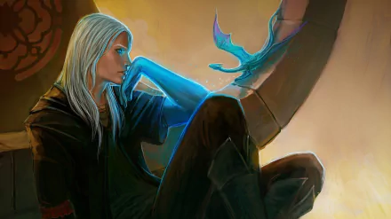 HD fantasy desktop wallpaper depicting a silver-haired figure sitting with a small glowing blue dragon perched on their arm against a warm, softly lit background.