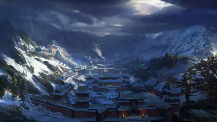 A fantasy city nestled in snowy mountains under a dramatic sky, captured in stunning detail as an HD PC desktop wallpaper and background.