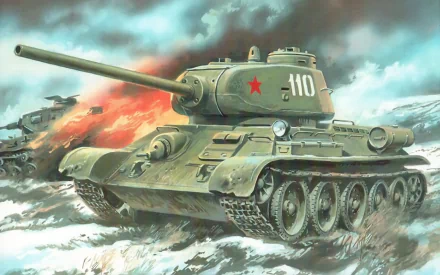 HD desktop wallpaper depicting a military T-34 tank advancing through a snowy battlefield with smoke and fire in the background.