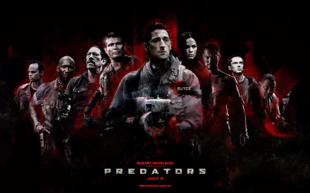 HD PC desktop wallpaper featuring the intense cast of the movie Predators, showcasing key characters against a dark, fiery background.