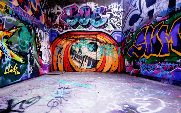 HD PC desktop wallpaper featuring an artistic graffiti-filled urban tunnel with vibrant colors and bold street art designs covering every surface.