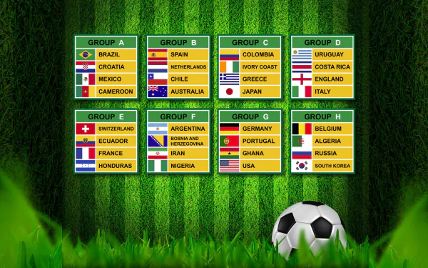 HD desktop wallpaper featuring group stage teams from the 2014 FIFA World Cup in Brazil, set against a vibrant green background with a soccer ball in the foreground.