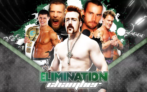 HD desktop wallpaper featuring WWE Superstars from the Elimination Chamber, including Sheamus, CM Punk, and others, showcasing dynamic sports action and energy.