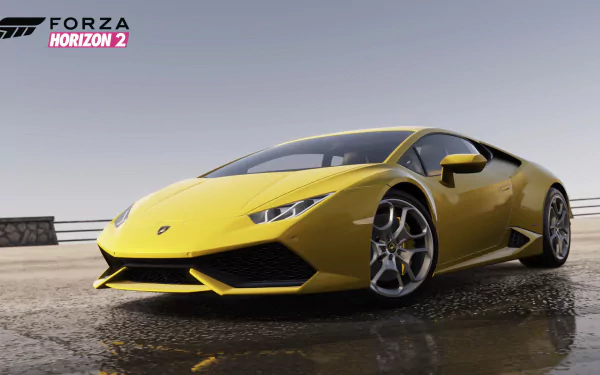 HD PC desktop wallpaper featuring a yellow sports car from the video game Forza Horizon 2 against a clear sky backdrop.