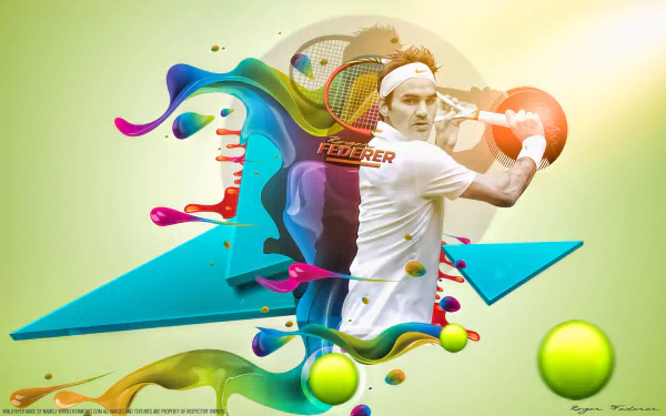 HD PC desktop wallpaper featuring tennis legend Roger Federer in action, surrounded by dynamic colorful abstract shapes and tennis-themed elements.
