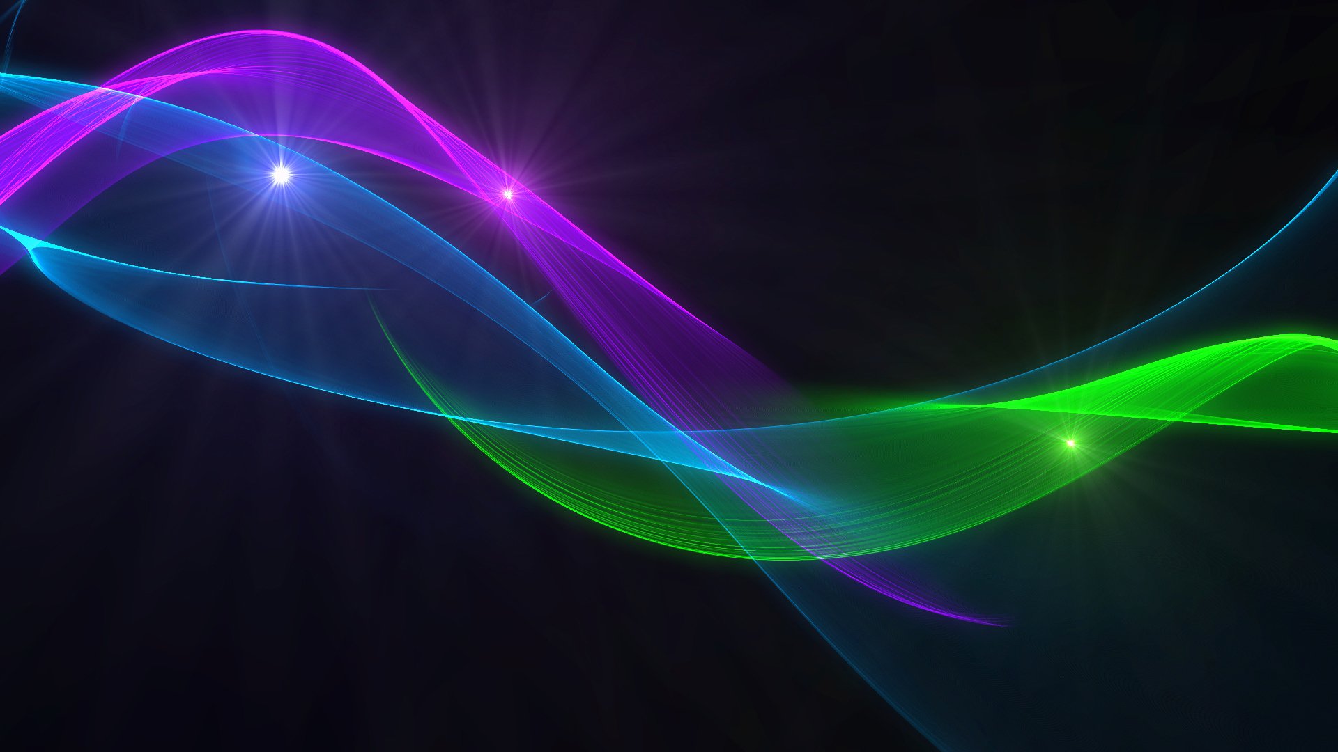 Abstract colorful neon waves in purple, blue and green flowing across a dark field — HD PC desktop wallpaper/background.