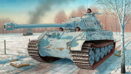 HD PC desktop wallpaper featuring a military tank advancing through a snowy landscape with trees and a second tank in the background.