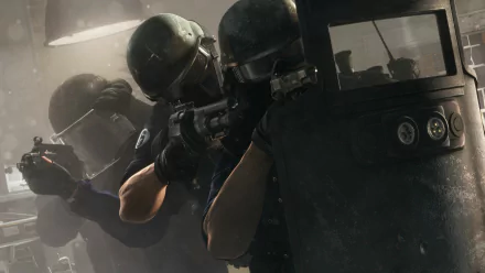A dynamic HD wallpaper from Tom Clancy's Rainbow Six: Siege, featuring tactical operatives in action as they strategically navigate a gritty environment.