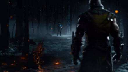 HD desktop wallpaper from Mortal Kombat X featuring a warrior in a misty forest, facing another figure in the distance.