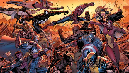 An action-packed Marvel Comics scene featuring Daken, Hawkeye, Ms. Marvel, Spider-Woman, Wolverine, Iron Man, Captain America, Spider-Man, Venom, and Captain Marvel against a dramatic backdrop.