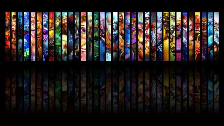 A vibrant HD desktop wallpaper featuring a collage of characters from the video game Smite, set against a dark background with reflections.
