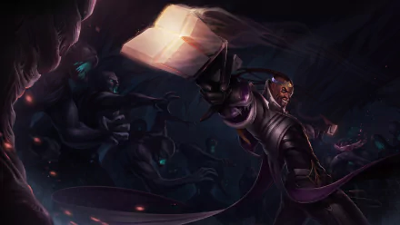 HD PC desktop wallpaper featuring Lucian and shadowy figures from the League of Legends video game, highlighting dynamic action and dark, intense atmosphere.