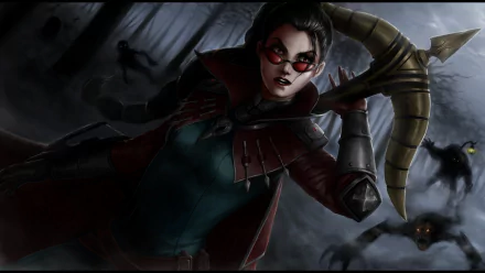 HD PC desktop wallpaper featuring Vayne from the video game League of Legends, set against a dark, eerie backdrop with bats and a stormy sky.